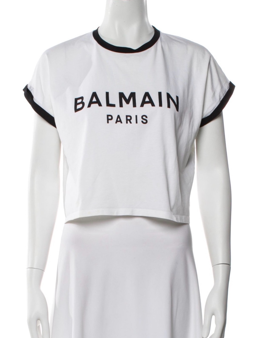 Balmain White Cropped Logo Tee with Black Trim